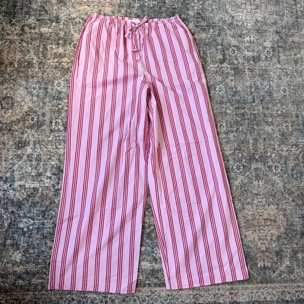 M&S Marks & Spencer Pink Red Striped Cotton Drawstring Pants Wide Leg US 6